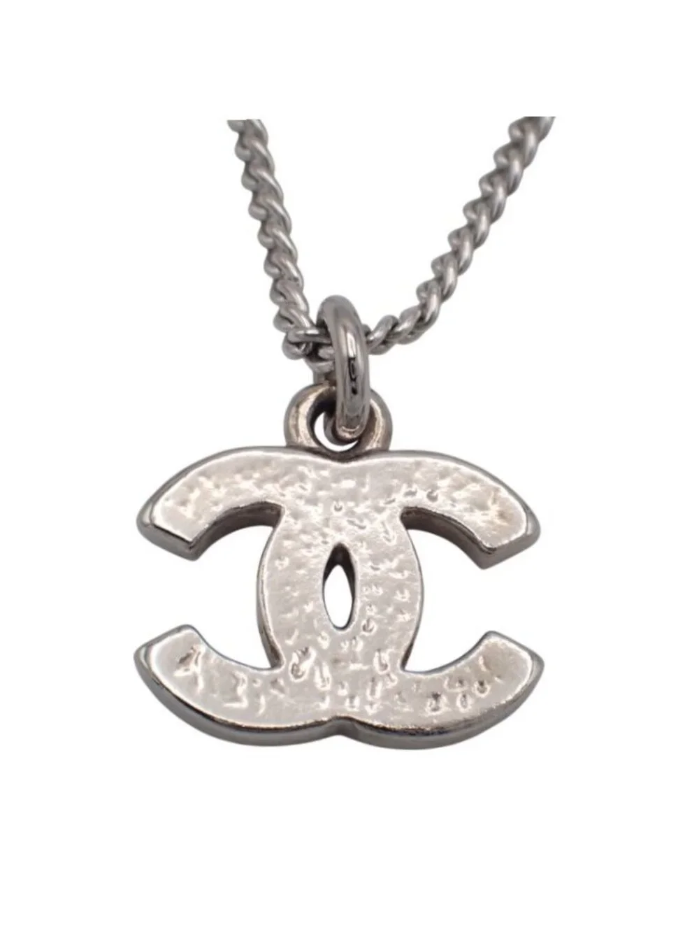 Chanel CC Logo Necklace Metal Crystal Silver Simple